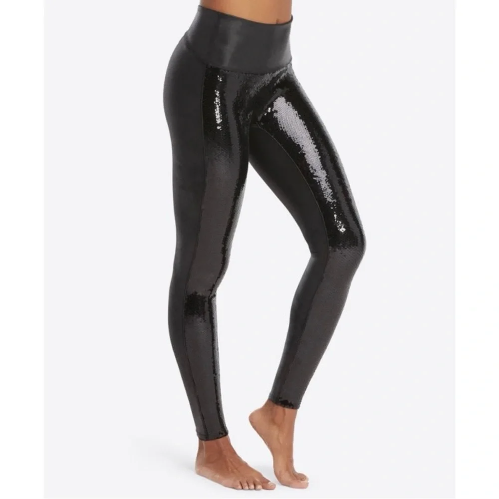 Spanx Womens Small Black Faux Leather Sequin Front High Rise Leggings